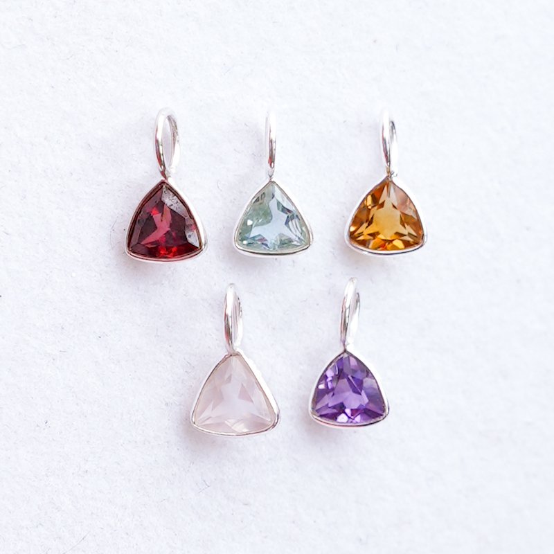 Sterling Trillion Gemstone Charm Group All Garnet. Sky Blue Topaz, Citrine, Rose Quartz, and Amethyst Sterling Trillion Gemstone Charms